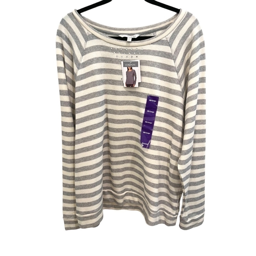 COMPANY by Ellen Tracy Gray Striped Embellished Long Sleeve Fleece 2XL XXL NWT